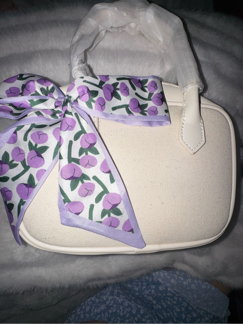 Cream Canvas Top-Handle Bag with Purple Floral Scarf Twilly! - NWT